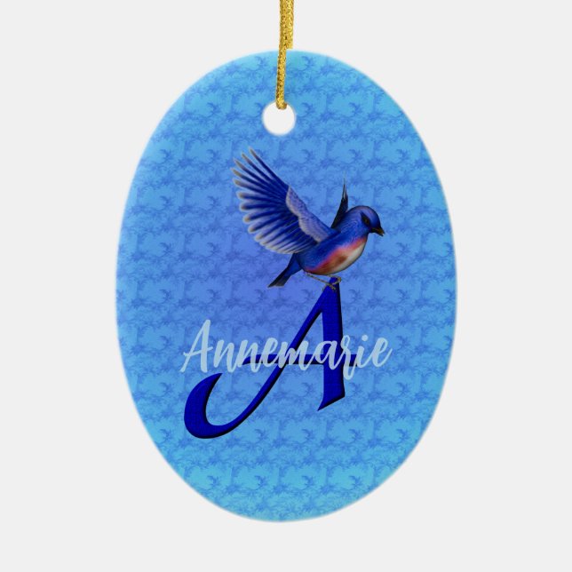 Bluebird Monogram Initial A Personalised Ceramic Tree Decoration (Front)