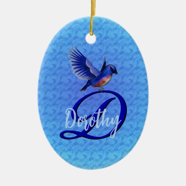 Bluebird Monogram Initial D Personalised Ceramic Tree Decoration (Front)