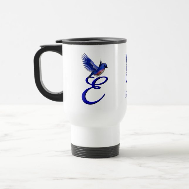 Bluebird Monogram Initial E Elegant Personalised Travel Mug (Left)