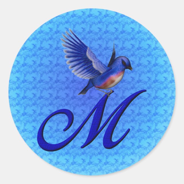 Bluebird Monogram Initial M Elegant Classic Round Sticker (Front)