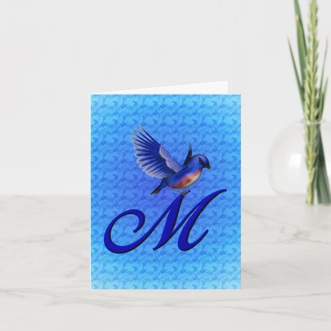 Bluebird Monogram Initial M Elegant Note Card (Front)