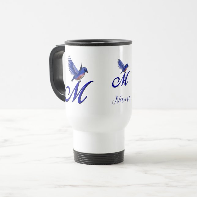 Bluebird Monogram Initial M Elegant Personalised Travel Mug (Front Left)