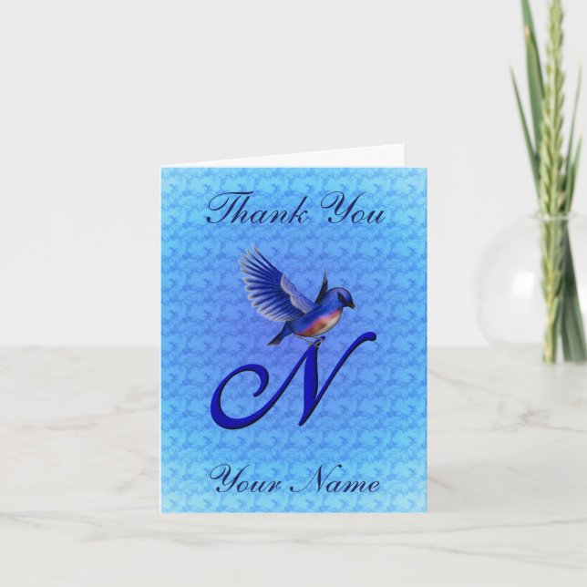 Bluebird Monogram Initial N Personalised Thank You Card (Front)