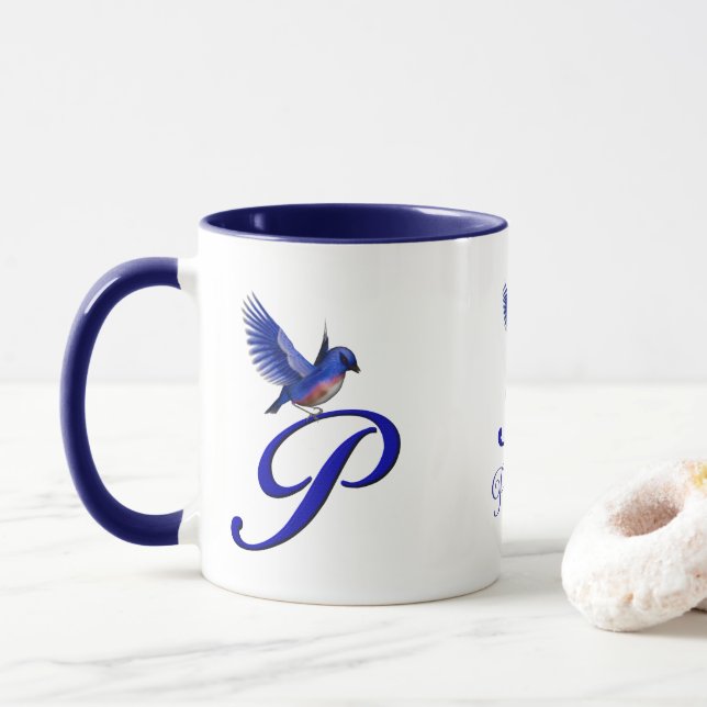 Bluebird Monogram Initial P Elegant Personalised Mug (With Donut)