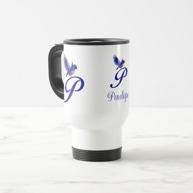 Bluebird Monogram Initial P Elegant Personalised Travel Mug (Front Left)