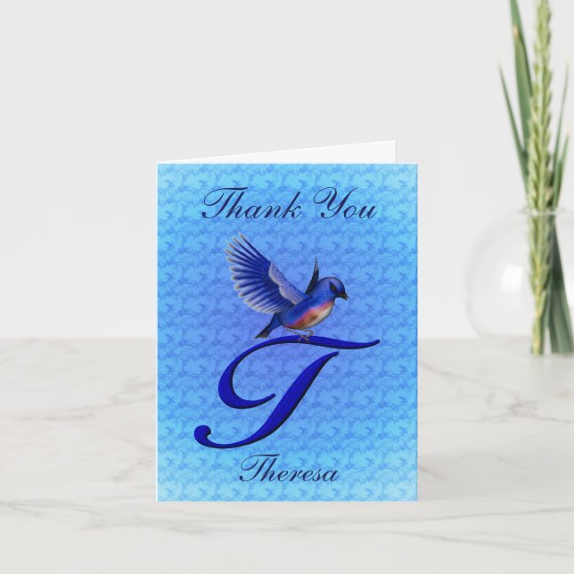Bluebird Monogram Initial T Personalised Thank You Card (Front)