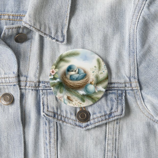 Bluebird Nest with Ornaments in Winter Pines 7.5 Cm Round Badge (In Situ)