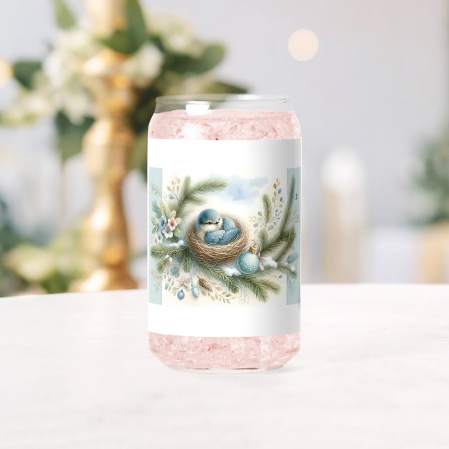 Bluebird Nest with Ornaments in Winter Pines Can Glass (Insitu (Wedding))