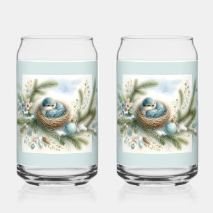 Bluebird Nest with Ornaments in Winter Pines  Can Glass