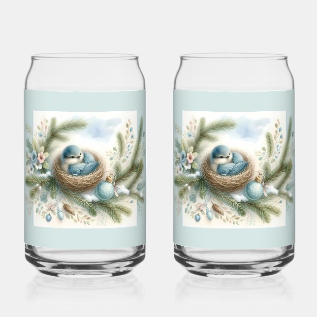 Bluebird Nest with Ornaments in Winter Pines  Can Glass (Front)