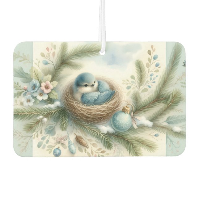Bluebird Nest with Ornaments in Winter Pines  Car Air Freshener (Front)