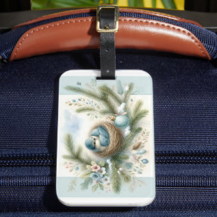 Bluebird Nest with Ornaments in Winter Pines  Luggage Tag
