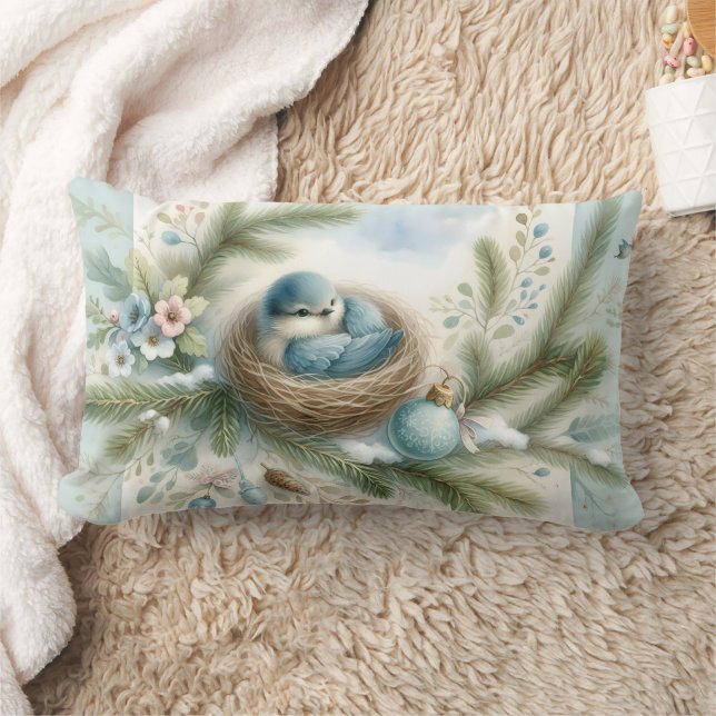 Bluebird Nest with Ornaments in Winter Pines Lumbar Cushion (Blanket)