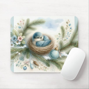 Bluebird Nest with Ornaments in Winter Pines Mouse Mat