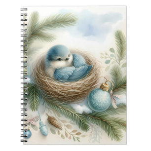 Bluebird Nest with Ornaments in Winter Pines Notebook