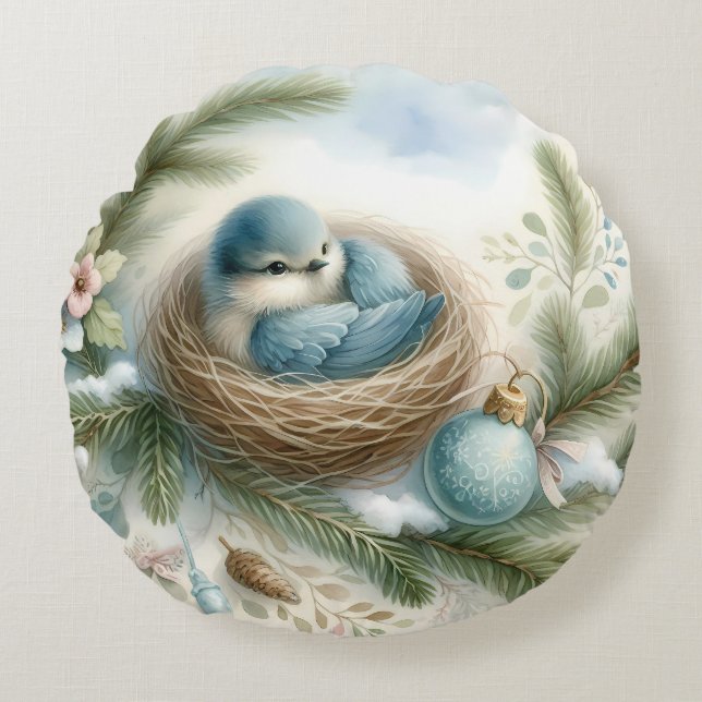Bluebird Nest with Ornaments in Winter Pines Round Cushion (Front)