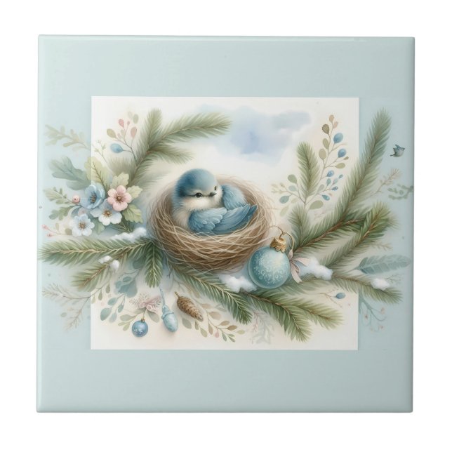 Bluebird Nest with Ornaments in Winter Pines Tile (Front)