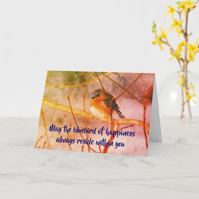 Bluebird Of Happiness Art Inspirational Card (Yellow Flower)