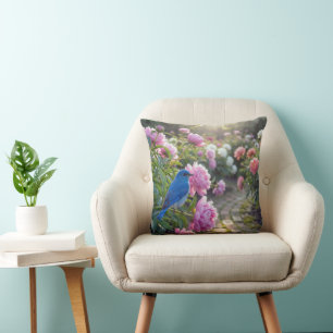 Bluebird On a Pink Peony Cushion