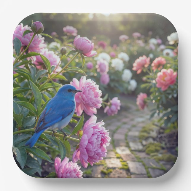 Bluebird On a Pink Peony Paper Plate (Front)