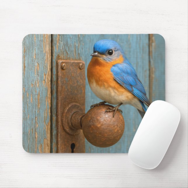 Bluebird On a Rusty Doorknob Mouse Mat (With Mouse)
