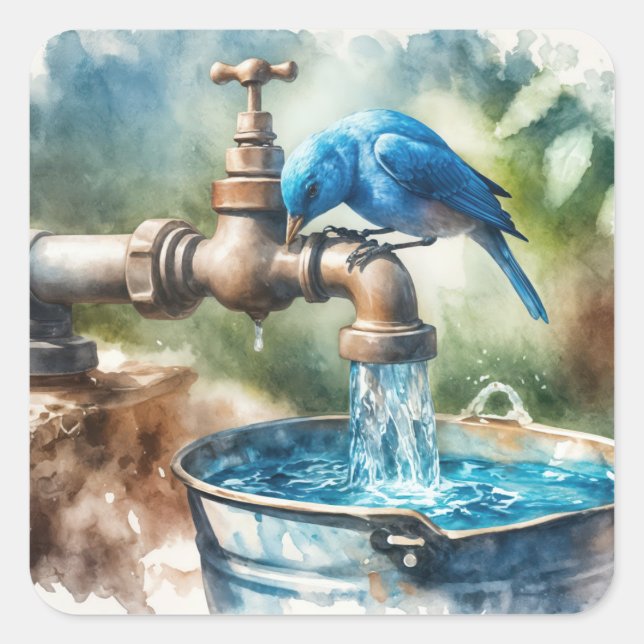 Bluebird On an Old Faucet Square Sticker (Front)