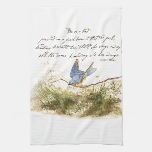 Bluebird on Branch Inspirational poem Watercolor Tea Towel