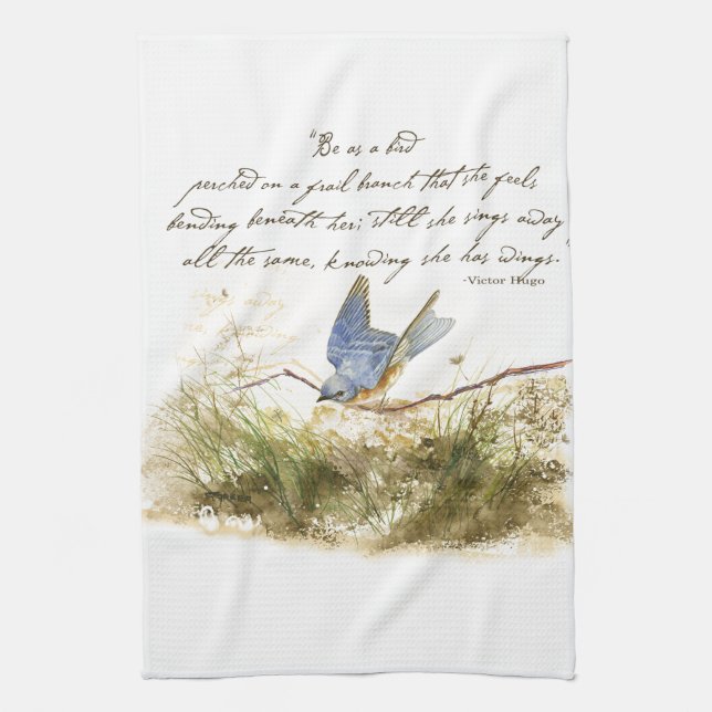 Bluebird on Branch Inspirational poem Watercolor Tea Towel (Vertical)