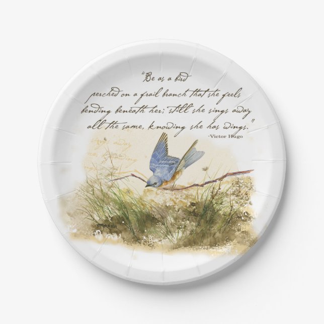 Bluebird on Branch Victor Hugo Inspirational Poem Paper Plate (Front)