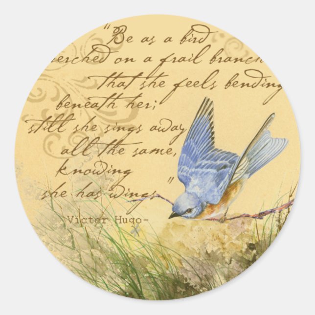 Bluebird on Branch & Victor Hugo Quote Classic Round Sticker (Front)