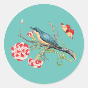 Bluebird on carnations, vintage illustration, classic round sticker