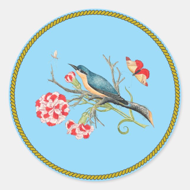 Bluebird on carnations, vintage illustration, classic round sticker (Front)