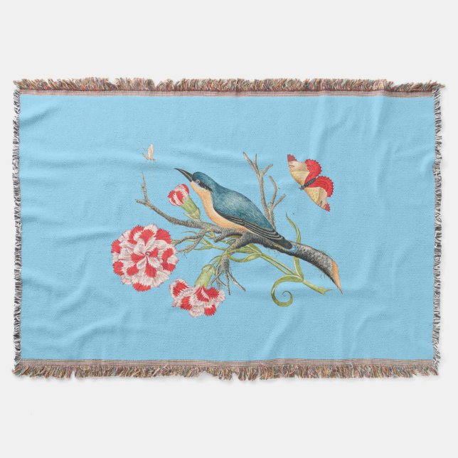 Bluebird on carnations, vintage illustration, throw blanket (Front)