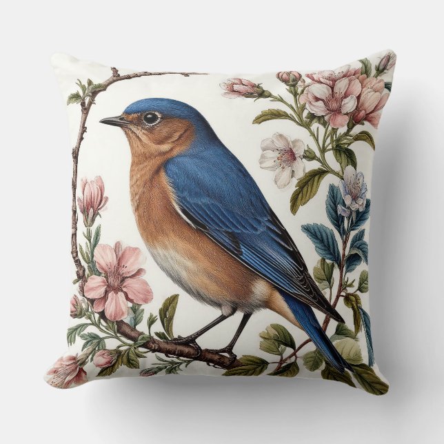 Bluebird Perched Among Blooming Flowers Cushion (Front)