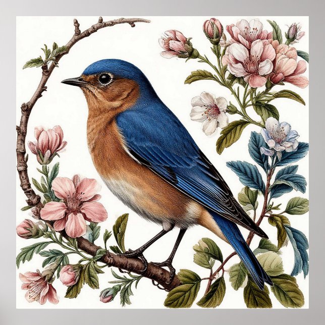 Bluebird Perched Among Blooming Flowers Poster (Front)
