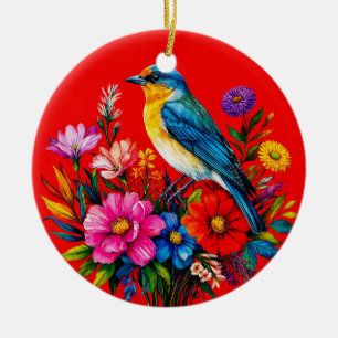 Bluebird Perched Among Colourful Spring Flowers Ceramic Tree Decoration