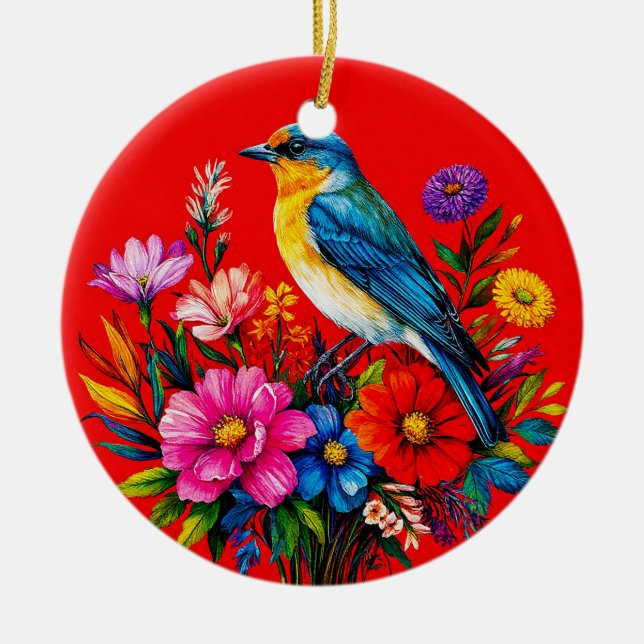 Bluebird Perched Among Colourful Spring Flowers Ceramic Tree Decoration (Front)