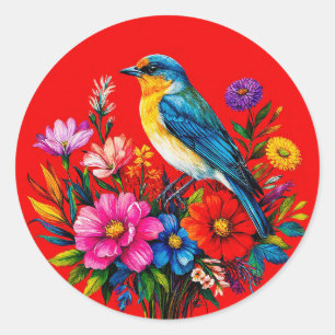 Bluebird Perched Among Colourful Spring Flowers Classic Round Sticker