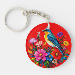 Bluebird Perched Among Colourful Spring Flowers Key Ring