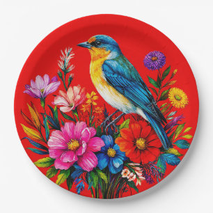 Bluebird Perched Among Colourful Spring Flowers Paper Plate