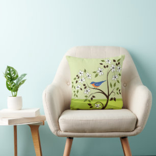 Bluebird Perched On Flowering Tree Cushion