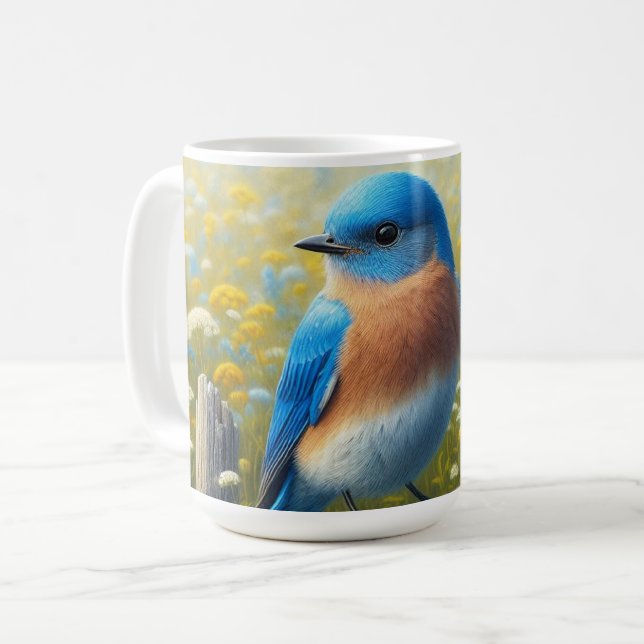 Bluebird Perched on Wooden Fence Coffee Mug (Front Left)