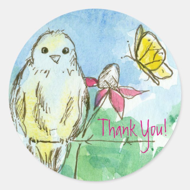 Bluebird Pink Coneflower Butterfly Thank You Classic Round Sticker (Front)