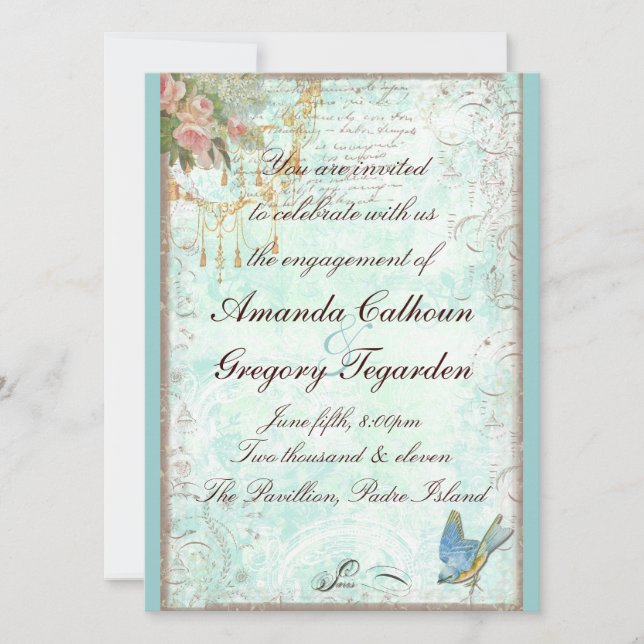 Bluebird & Pink Roses Engagement Announcement (Front)