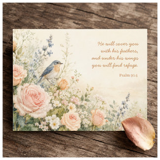 Bluebird & Roses Psalm 91:4 Scripture Postcard