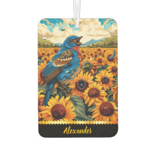 Bluebird singing among sunflowers at dawn car air freshener