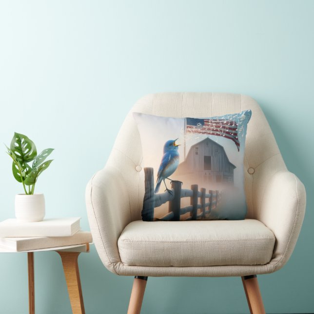Bluebird Singing In Mist With American Flag Cushion (Chair)
