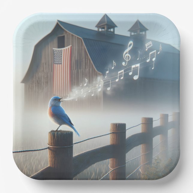 Bluebird Singing In Morning Mist Paper Plate (Front)