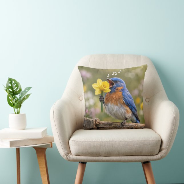 Bluebird Singing Into a Yellow Daffodil Cushion (Chair)