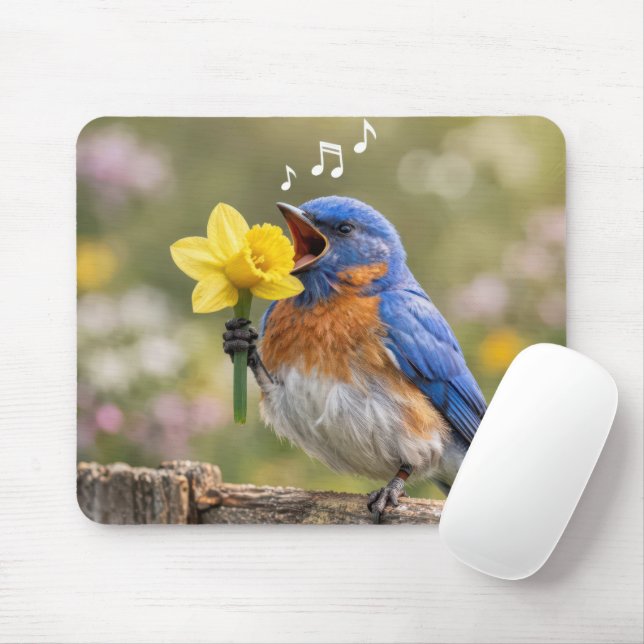 Bluebird Singing Into a Yellow Daffodil Mouse Mat (With Mouse)